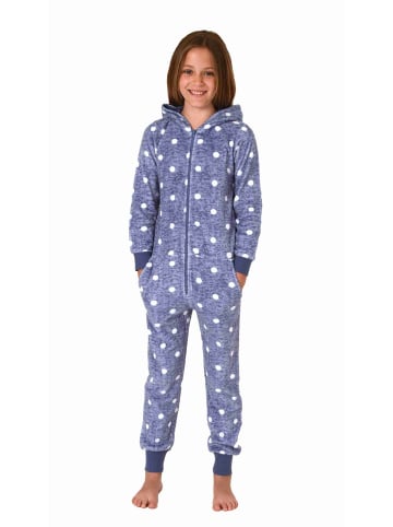 NORMANN Jumpsuit Schlafanzug Overall Coralfleece Tupfen - 76787 in blau