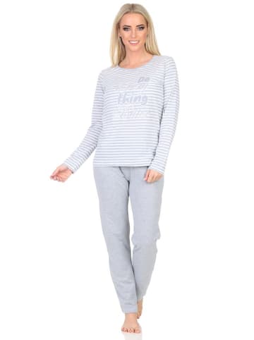 NORMANN Langarm Schlafanzug Pyjama Bündchen Streifen in grau