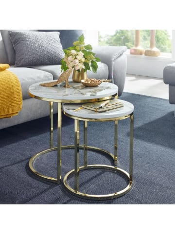 KADIMA DESIGN Design Beistelltisch 2er Set Marmor Optik Rund, Couchtisch 2 in Weiß