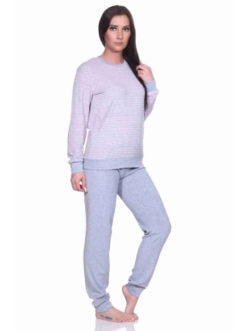 NORMANN Frottee Pyjama langarm Bündchen Streifen - 71522 in Grau