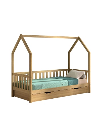 58 aufm Kessel HAUSBETT Kandace 90x200 Eiche massiv natur mit Dachaufbau & Schublade