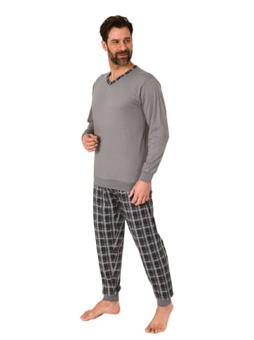 NORMANN Langarm Schlafanzug Bündchen und karierter Jersey Pyjamahose - 86159 in grau