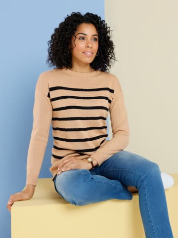 Sieh an! Strickpullover in camel-schwarz-geringelt