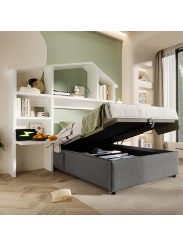 ABRIHOME Kinderbett in Grau mit Polster Bücherregal und USB-C 90x200 cm