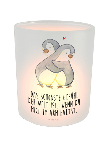 Mr. & Mrs. Panda Kerze Pinguine Kuscheln mit Spruch in Transparent