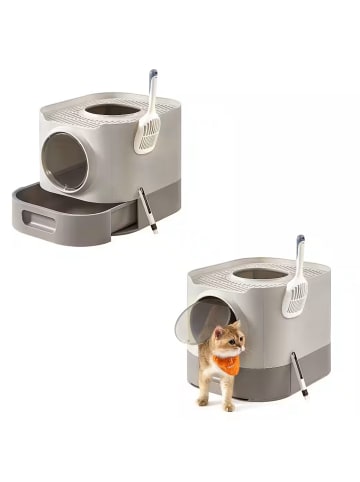 Feandrea 2er-Set: Katzenklo in Haferflockenfarben-Warmgrau - (B)42.8 x (H)40 x (T)54 cm