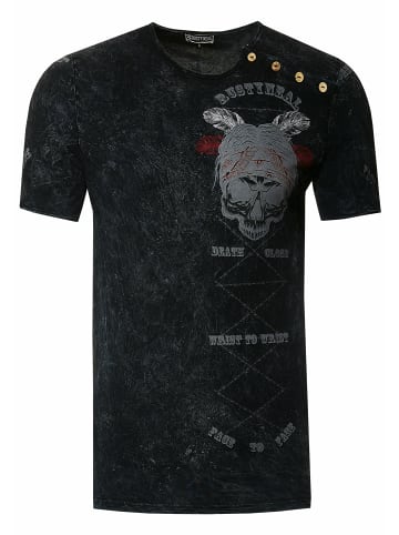 Rusty Neal Verwaschenes Rundhals T-Shirt mit Knopfleiste und Prints in Schwarz