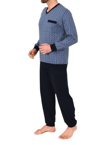 NORMANN Langarm Schlafanzug Pyjama Bündchen Minimal-Print in blau
