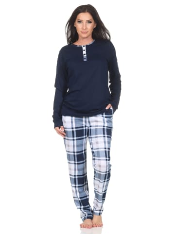NORMANN Schlafanzug langarm Pyjama karierter Hose Jersey - 87030 in marine