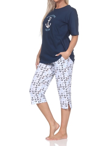 NORMANN Kurzarm Pyjama Schlafanzug Shorty Maritimer Look in marine