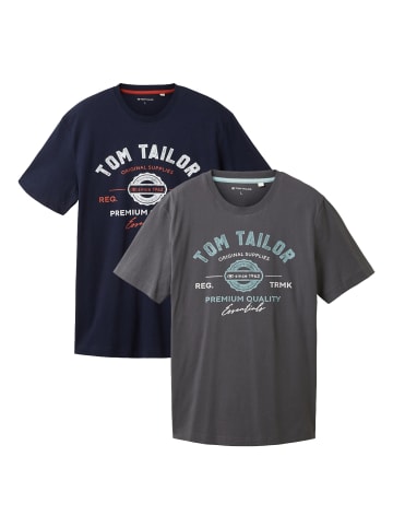 Tom Tailor Logo T-Shirt 2-er Pack Kurzarm Set mit Logo Print in Blau-Grau