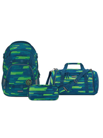 Coocazoo Schulrucksack-Set MATE Lime Stripe 3-teilig in grün/blau