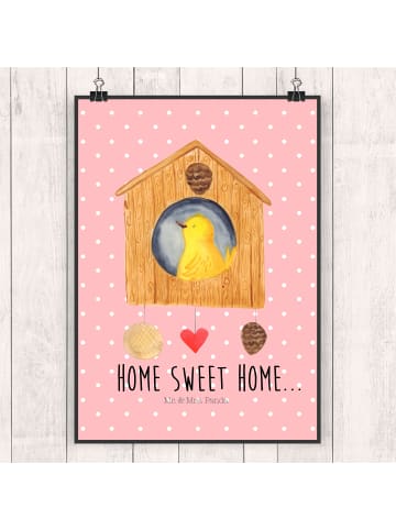 Mr. & Mrs. Panda Poster Vogelhaus Home mit Spruch in Rot Pastell