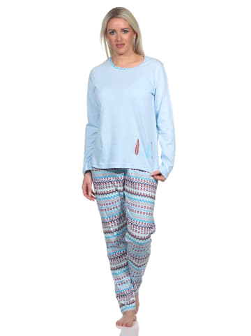 NORMANN langarm Schlafanzug Pyjama Ethno Look in hellblau