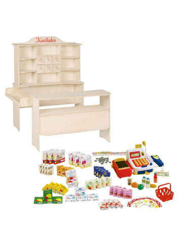 roba Großer Kaufladen aus Holz natur mit Zubehör, 6 Schubladen, Theke & Seitentheke