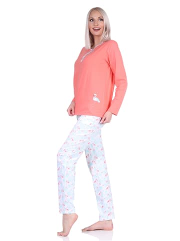 NORMANN Schlafanzug langarm Pyjama Flamingo und Knopfleiste am Hals in apricot