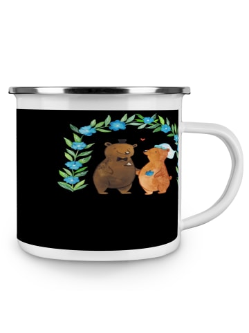 Mr. & Mrs. Panda Camping Emaille Tasse Polterabend Spaß mit Spruch in Schwarz