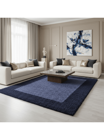 KADIMA DESIGN Teppich Hochflor Shaggy Waschbar Bordüre RHEIN Strapazierfähig in Marineblau