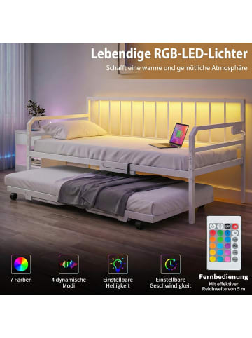 COSTWAY Tagesbett Schlafsofa mit Ausziehbett & LED-Lichtern 90/180x200cm in Weiß