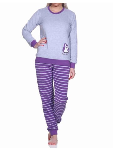 NORMANN Frottee Pyjama langarm Bündchen und Pinguin Stickerei - 71476 in lila