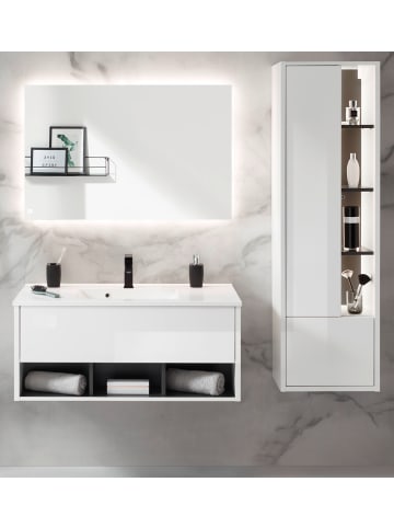 Furn.Design Badmöbel Set in weiß Hochglanz, grau 155 cm mit Waschbecken und LED Beleuchtung