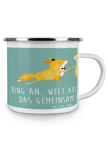 Mr. & Mrs. Panda Camping Emaille Tasse Verlobung Glück mit Spruch in Meeresbrise