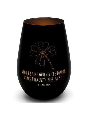 Mr. & Mrs. Panda Glas Windlicht Blume Kleeblatt mit Spruch in Schwarz