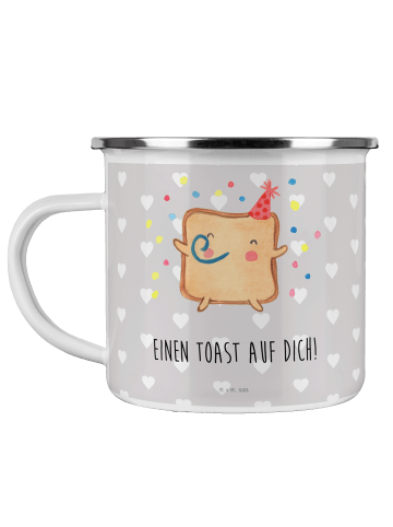 Mr. & Mrs. Panda Camping Emaille Tasse Toast Party mit Spruch in Grau Pastell