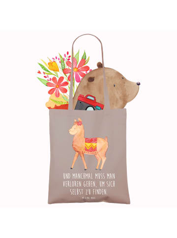 Mr. & Mrs. Panda Schultertasche Alpaka Stolz mit Spruch in Braun Pastell