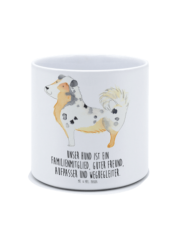 Mr. & Mrs. Panda Blumenkübel Hund Australien Shepherd mit Spruch in Weiß
