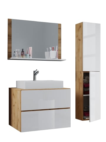 VCM 4-tlg. Waschplatz Waschtisch Lendas L Schublade in Honig-Eiche / Weiß