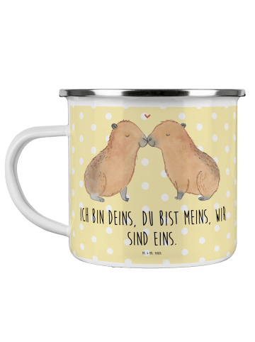 Mr. & Mrs. Panda Camping Emaille Tasse Capybara Liebe mit Spruch in Gelb Pastell