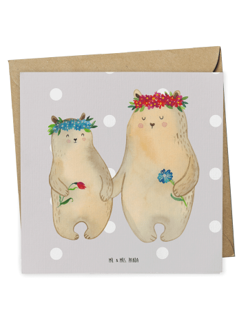 Mr. & Mrs. Panda Grußkarte Bären mit Blumenkranz ohne Spruch in Grau Pastell