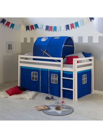 Homestyle4u Hochbett 90x200 mit Vorhang, Lattenrost, Matratze, Tunnel in Weiß