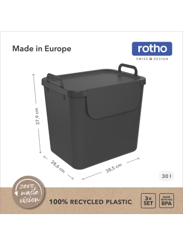 Rotho SALSA Mülltrennsystem 3x30 l stapelbar mit Klappdeckel in Farbig sortiert