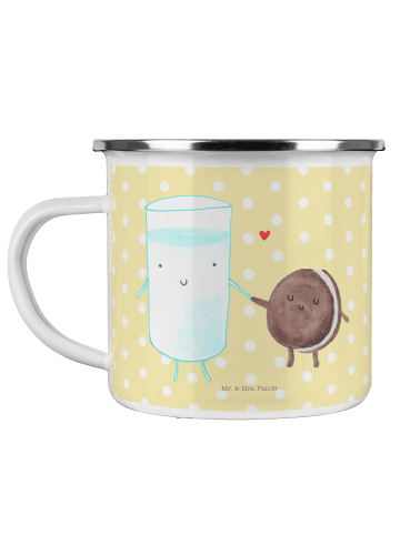 Mr. & Mrs. Panda Camping Emaille Tasse Milch Keks ohne Spruch in Gelb Pastell