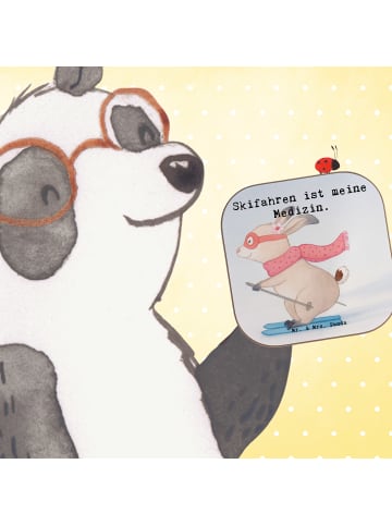 Mr. & Mrs. Panda Holzuntersetzer Hase Skifahren Design mit Spruch in Weiß