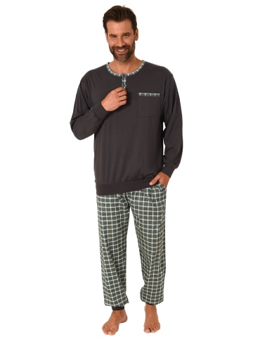 NORMANN Pyjama Schlafanzug Bündchen und karierter Jersey Hose - 68047 in dunkelgrau