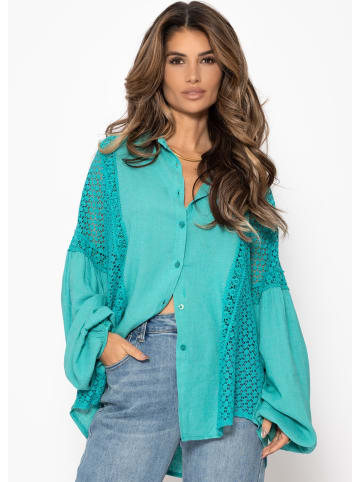 SASSYCLASSY Leinen Bluse mit Spitze in Aqua