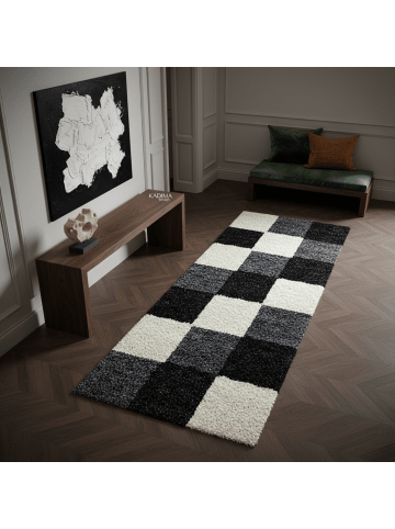 KADIMA DESIGN Teppich Hochflor Shaggy Waschbar Karo RHEIN Strapazierfähig in Schwarz