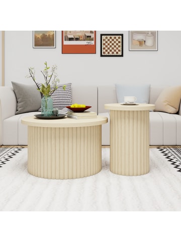 ABRIHOME Couchtisch Set in Holzoptik 2-tlg rund mit Wellenstruktur für Wohnzimmer