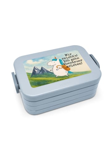 Mr. & Mrs. Panda Lunch Box Einhorn Bergsteiger Design mit Spruch in Blau Pastell