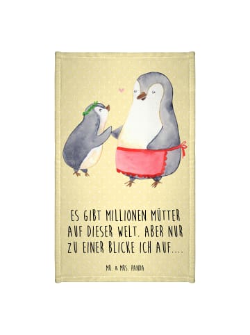 Mr. & Mrs. Panda Gästehandtuch Pinguin mit Kind mit Spruch in Gelb Pastell