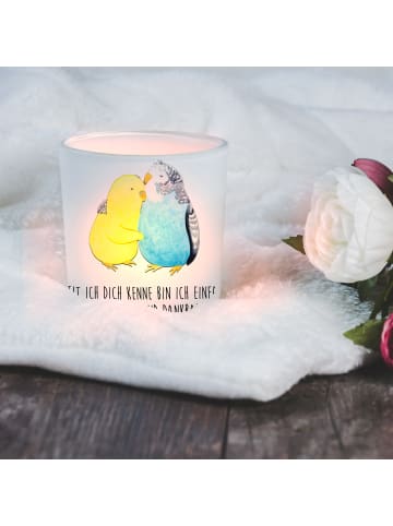 Mr. & Mrs. Panda Glas Windlicht Wellensittich Liebe mit Spruch in Transparent