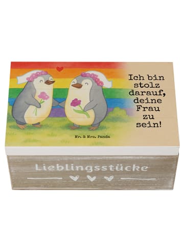 Mr. & Mrs. Panda Holzkiste Pinguine Lesbian Pride Design mit Spruch in Weiß