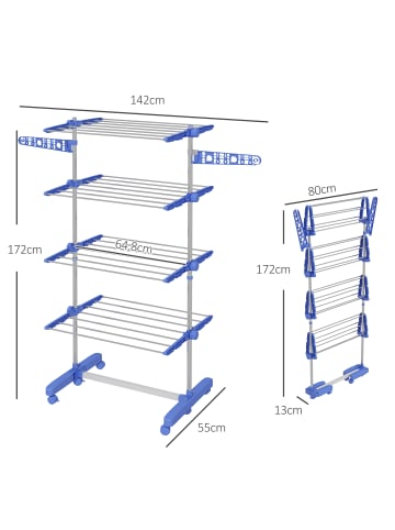 HOMCOM Wäscheständer-142L x 55B x 172H cm-Blau