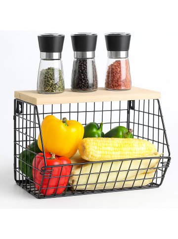 relaxdays Obstkorb Wandregal in Schwarz/ Natur – (B)30 x (H)22 x (T)20 cm