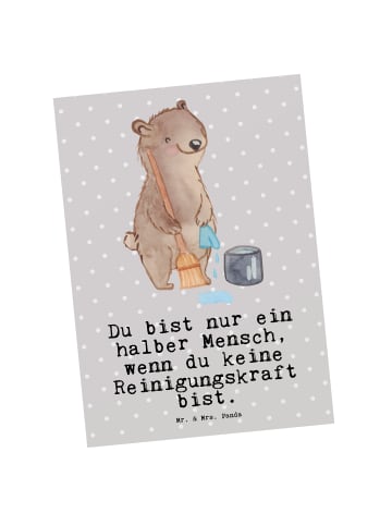 Mr. & Mrs. Panda Postkarte Reinigungskraft Herz mit Spruch in Grau Pastell