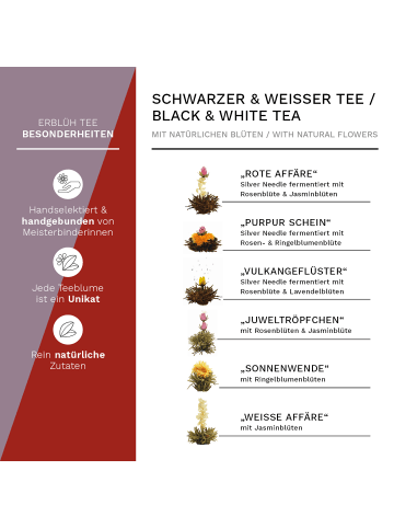 Creano Tee Set: 6 Teeblumen "ErblühTee Weißer und Schwarzer Tee" + 1 Teekanne 500ml