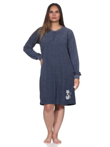 NORMANN Frottee Nachthemd langarm Faulti Katze - 82128 in blau